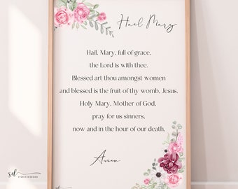 Hail Mary Prayer Print, Blue Floral Catholic Wall Art (digital Download ...