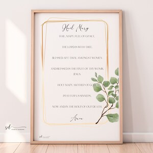 Hail Mary Prayer – Catholic Prayer Print, Digital Download, Catholic Printable Wall Art, Ave Maria, Rosary, Gold Frame, Leaves, Modern Print