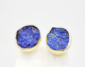 Raw Lapis Lazuli Earrings by Glafx, Minimal Round Lapis Lazuli Earrings, Mini Lapis Lazuli Studs, Dainty Lapis Lazuli Earrings, Silver/ Gold