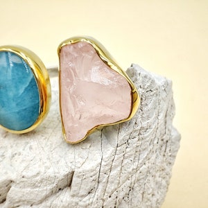 Fashion Raw Double Aquamarine and Pink quartz gold ring by Glafx Jewelry