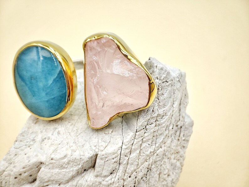 Fashion Raw Double Aquamarine and Pink quartz gold ring by Glafx Jewelry