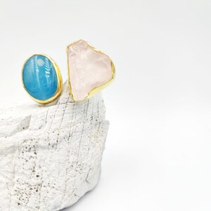 Chunky Raw Double Aquamarine and Pink quartz gold ring by Glafx Jewelry