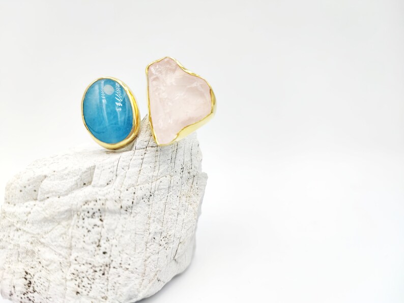 Chunky Raw Double Aquamarine and Pink quartz gold ring by Glafx Jewelry