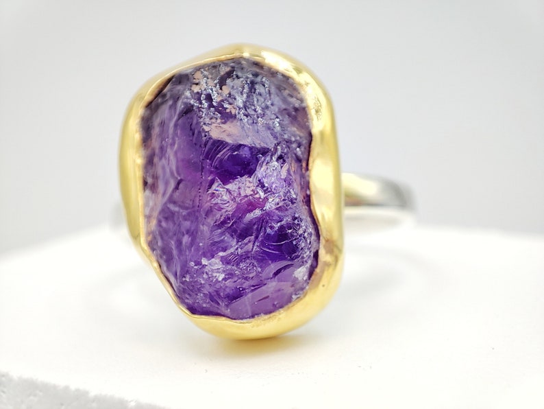 Statement Natural raw amethyst gemstone ring with 925 silver and 18k gold by Glafx Jewelry