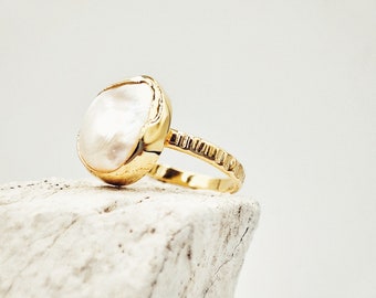 Organic Baroque Pearl Ring: Dainty 24k Gold Plated 925 Silver