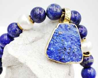 Raw Lapis Lazuli Necklace - Pearl Beaded Gold Plated Statement Bold Jewelry