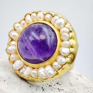 Anello con perla e ametista: argento sterling 925, placcato oro 18 carati