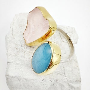 Large Raw Double Aquamarine and Pink quartz gold ring by Glafx Jewelry
