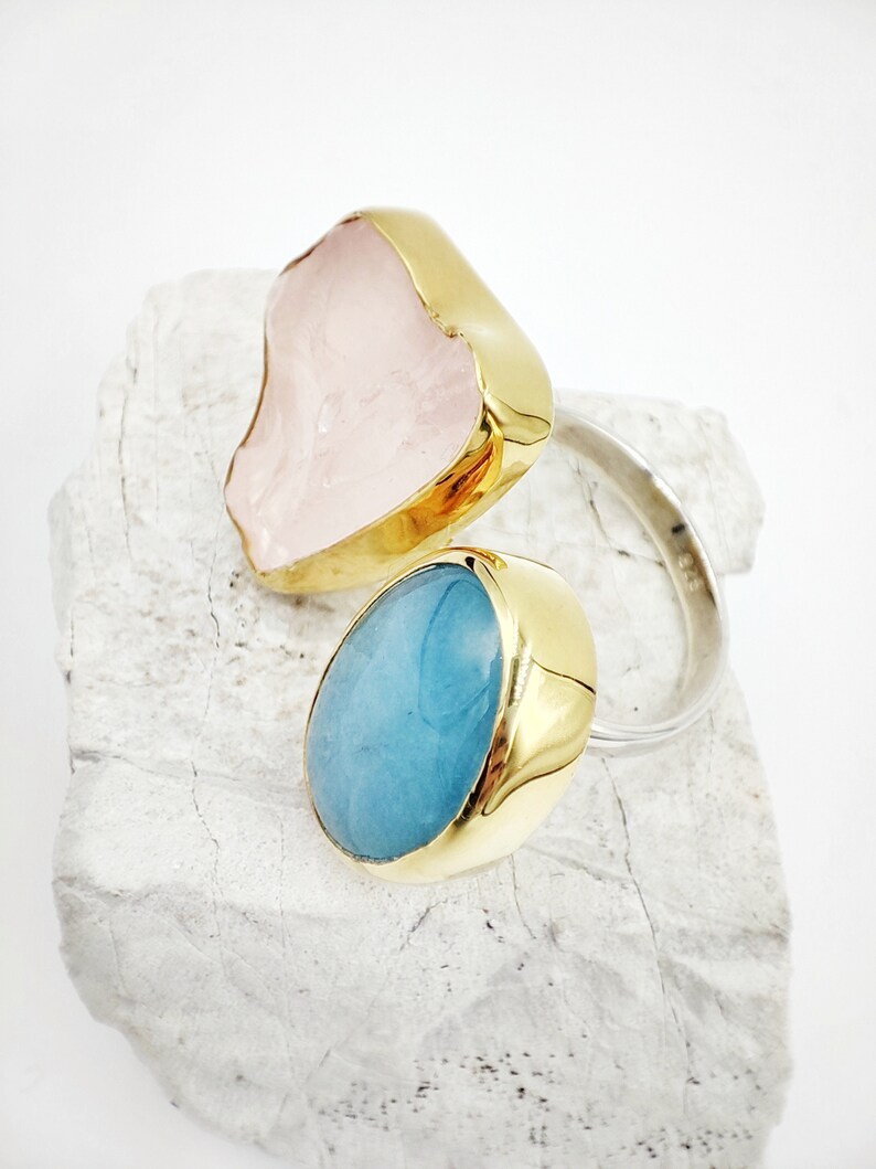 Large Raw Double Aquamarine and Pink quartz gold ring by Glafx Jewelry