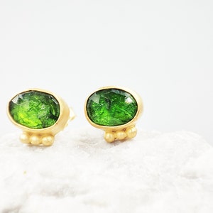 Green Tourmaline Earrings by Glafx, Dainty Tourmaline Studs, Small Gemstone Earrings, Stacking Earrings for her, Gold Tourmaline Studs