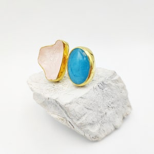 Bold Raw Double Aquamarine and Pink quartz gold ring by Glafx Jewelry