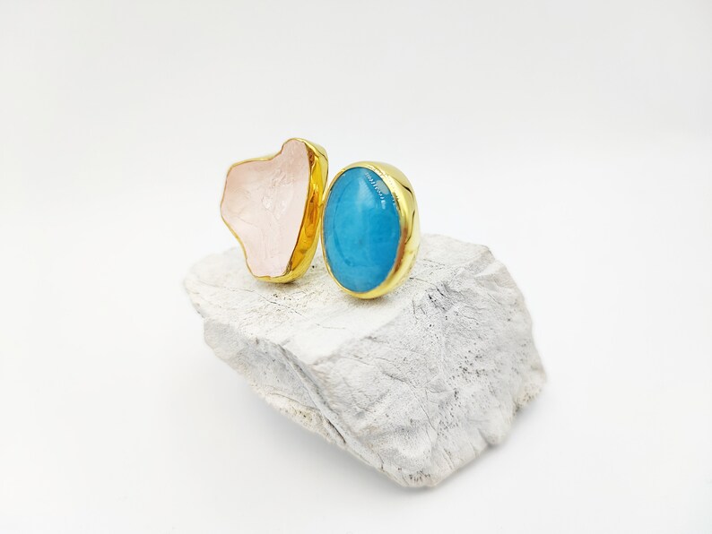 Bold Raw Double Aquamarine and Pink quartz gold ring by Glafx Jewelry