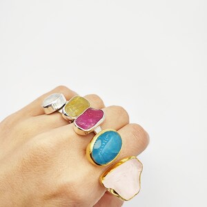 Stacking Raw Double Aquamarine and Pink quartz gold ring by Glafx Jewelry