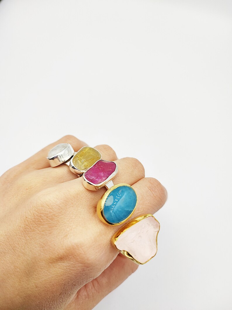 Stacking Raw Double Aquamarine and Pink quartz gold ring by Glafx Jewelry