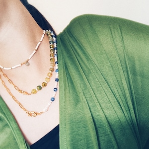 Green Agate Pearl Necklace by Glafx, Gold Chain Necklace, Dainty Beaded Necklace, Stacking Gemstone Women Necklace, Boho Agate Gold Necklace