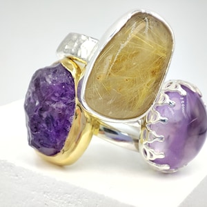 Stackable Chunky Natural raw amethyst gemstone ring with 925 silver and 18k gold by Glafx Jewelry