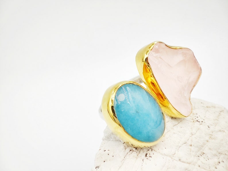 Elegant Raw Double Aquamarine and Pink quartz gold ring by Glafx Jewelry