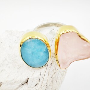 Statement Raw Double Aquamarine and Pink quartz gold ring by Glafx Jewelry