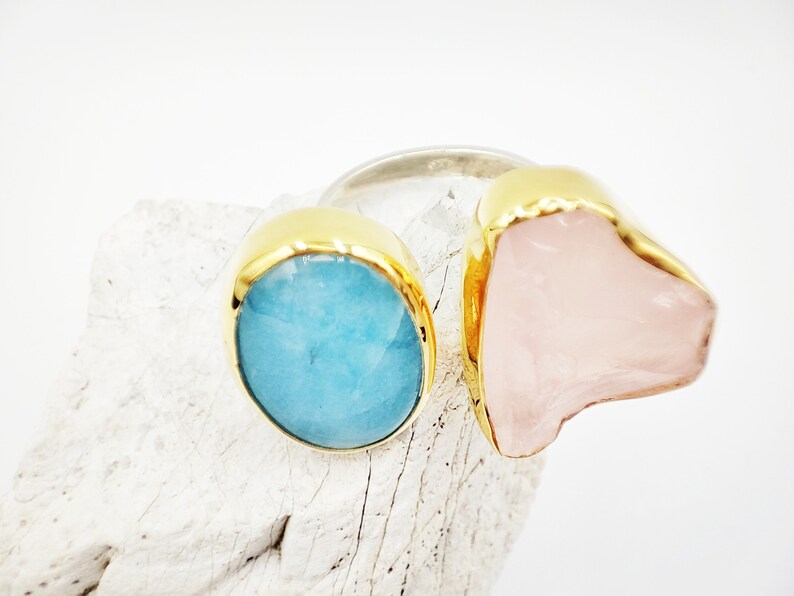 Statement Raw Double Aquamarine and Pink quartz gold ring by Glafx Jewelry