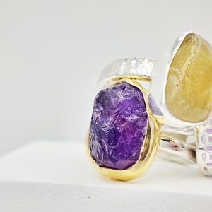 Organic Chunky Natural raw amethyst gemstone ring with 925 silver and 18k gold by Glafx Jewelry