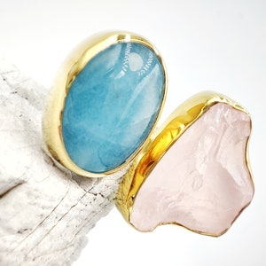 Raw Double Aquamarine and Pink quartz gold ring by Glafx Jewelry