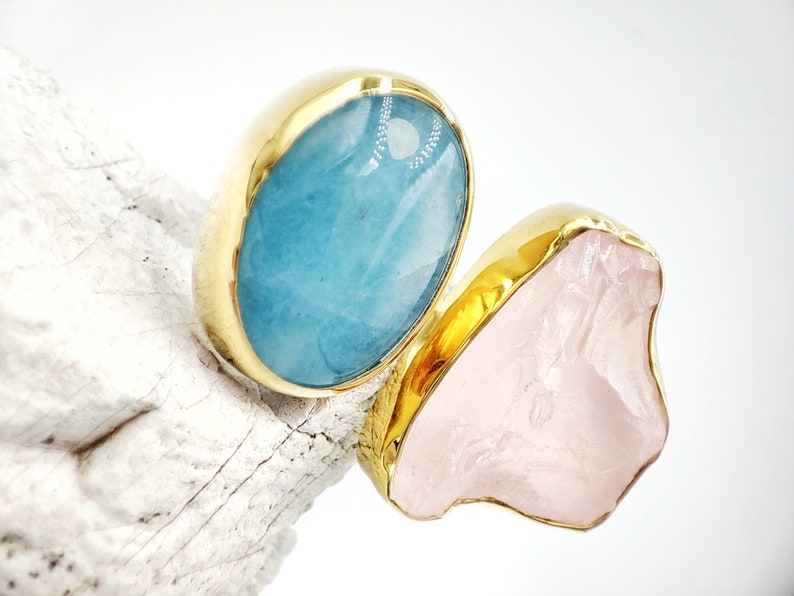 Raw Double Aquamarine and Pink quartz gold ring by Glafx Jewelry