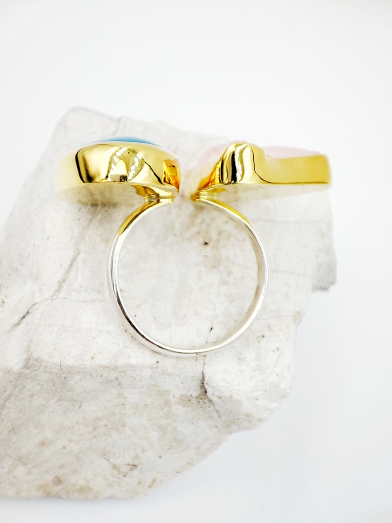 925 silver Raw Double Aquamarine and Pink quartz gold ring by Glafx Jewelry