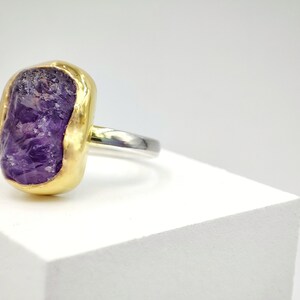 Rough Chunky Natural raw amethyst gemstone ring with 925 silver and 18k gold by Glafx Jewelry