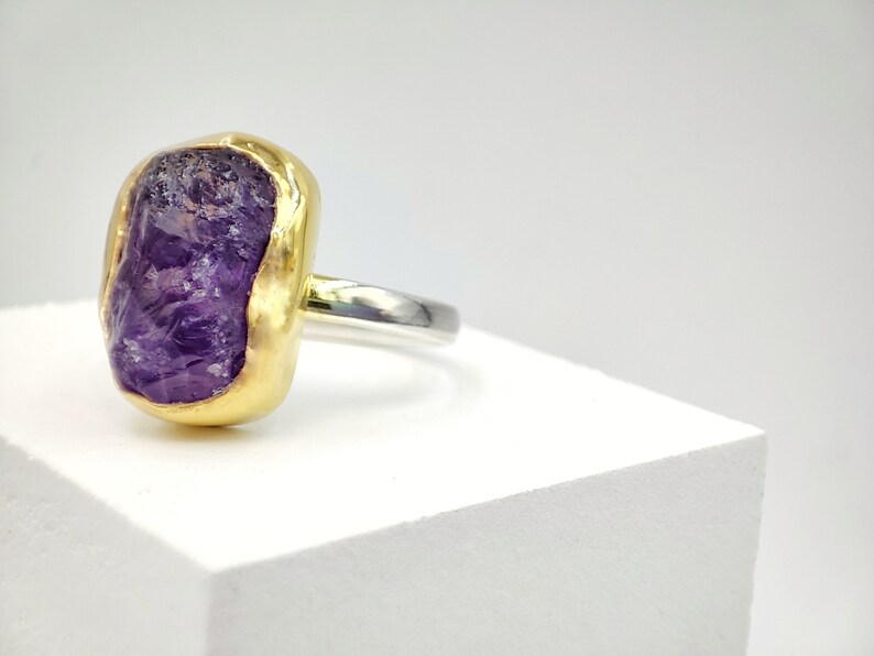 Rough Chunky Natural raw amethyst gemstone ring with 925 silver and 18k gold by Glafx Jewelry