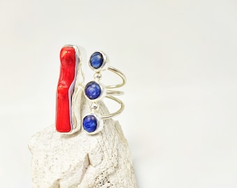 Anillo de cianita coral en plata de ley 925: piedra preciosa bohemia ajustable
