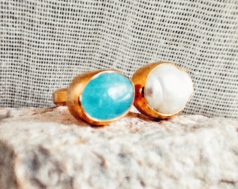 Anillo de perla y aguamarina hecho a mano - Anillo doble ajustable chapado en oro de 18 quilates