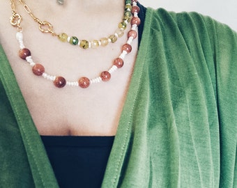 Sunstone Pearl Necklace - Beaded Boho Gemstone Jewelry with gold stainless steel chain