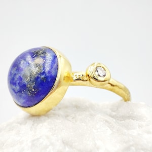 Lapis Lazuli Ring by Glafx, Dainty Lapis Lazuli Ring, Gold Gemstone Ring, Gold Zircon Ring, Small Stackable Ring, Stacking Hammered Ring