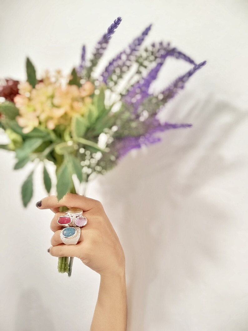Stackable Raw Double Aquamarine and Pink quartz gold ring by Glafx Jewelry