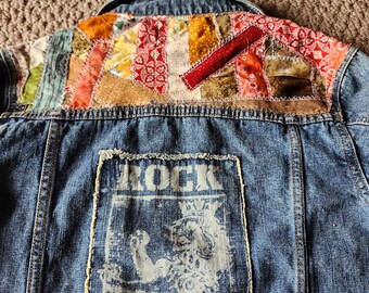 Up cycled boho vintage patch work denim jean jacket reworked emblished unique one of a kind sz 16-18 Guess Jeans