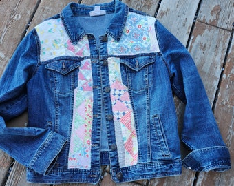 Up cycled boho vintage patch work denim jean jacket reworked emblished unique one of a kind sz large. Vintage cutter quilt