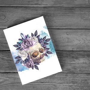 Tarjeta digital, tarjeta imprimible, tarjeta de calavera, tarjeta en blanco, tarjeta de cualquier ocasión, descarga imprimible, descarga digital, tarjeta gótica, tarjeta de acuarela