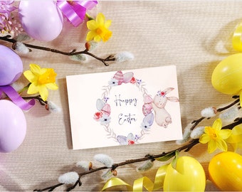 Printable Easter card, printable card, digital card, bunny card, happy easter, digital download, floral card