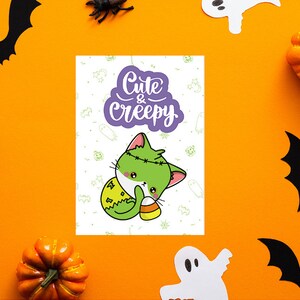 Digital halloween card, printable card, cat card, kawaii card, kids card, digital download, printable halloween card