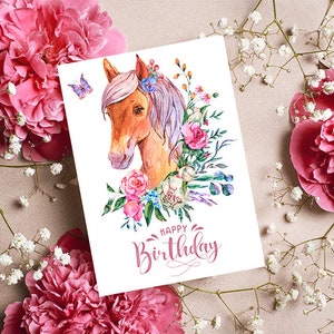 Cartão de aniversário floral para impressão, cartão floral, cartão para impressão, aniversário para impressão, cartão com tema cavalo, download digital