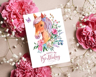 Printable Floral Birthday Card, floral card, printable card, printable birthday, Horse themed card, digital download