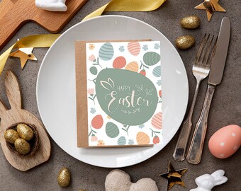 Digital Printable Easter Card, printable card, digital card, digital download, happy easter, bunny card, floral card, floral easter