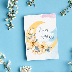 Cartão de aniversário em aquarela para impressão, cartão digital, aniversário digital, cartão para impressão, feliz aniversário, cartão boho, presente para ela