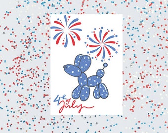 Patriottische 4 juli-kaart, ballonhond en vuurwerk (digitale download)
