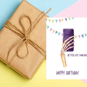 Tarjeta digital, tarjeta imprimible, tarjeta de calavera, tarjeta de cumpleaños, tarjeta de cualquier ocasión, tarjeta de cumpleaños tardía, descarga digital, tarjeta de acuarela