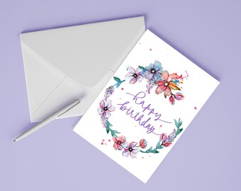 Carte d'anniversaire numérique, carte d'anniversaire imprimable, carte imprimable, carte numérique, téléchargement numérique, carte florale, carte d'anniversaire, aquarelle