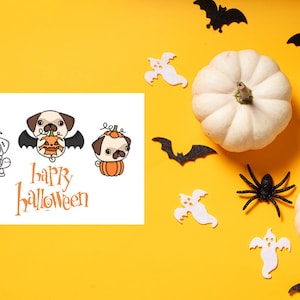 Digital Halloween card, printable card, blank card, Halloween card, kawaii dog, pug card