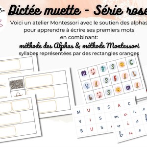 Peut inclure: Une fiche d'activité imprimable pour une dictée muette de type Montessori. La fiche présente une série d'images et des espaces vides pour que les élèves écrivent les mots correspondants. La fiche est conçue pour aider les élèves à apprendre à écrire leurs premiers mots en utilisant les méthodes Alphas et Montessori. La fiche est intitulée "Dictée muette - Série rose" et comprend le texte "1 PDF À IMPRIMER".