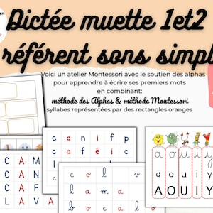 May include: A printable worksheet for teaching French phonics. The worksheet features a colorful title "Dictée muette let2 + référent sons simples" and includes images of letters, words, and objects. The text "3 PDF à IMPRIMER" is also visible.
