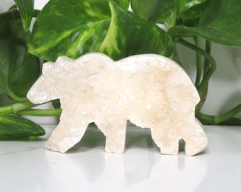 Crystal Bear Carving – White Calcite Polar Bear Figurine, Gemstone Grizzly Cub Statue, Stone Animal Sculpture Gift